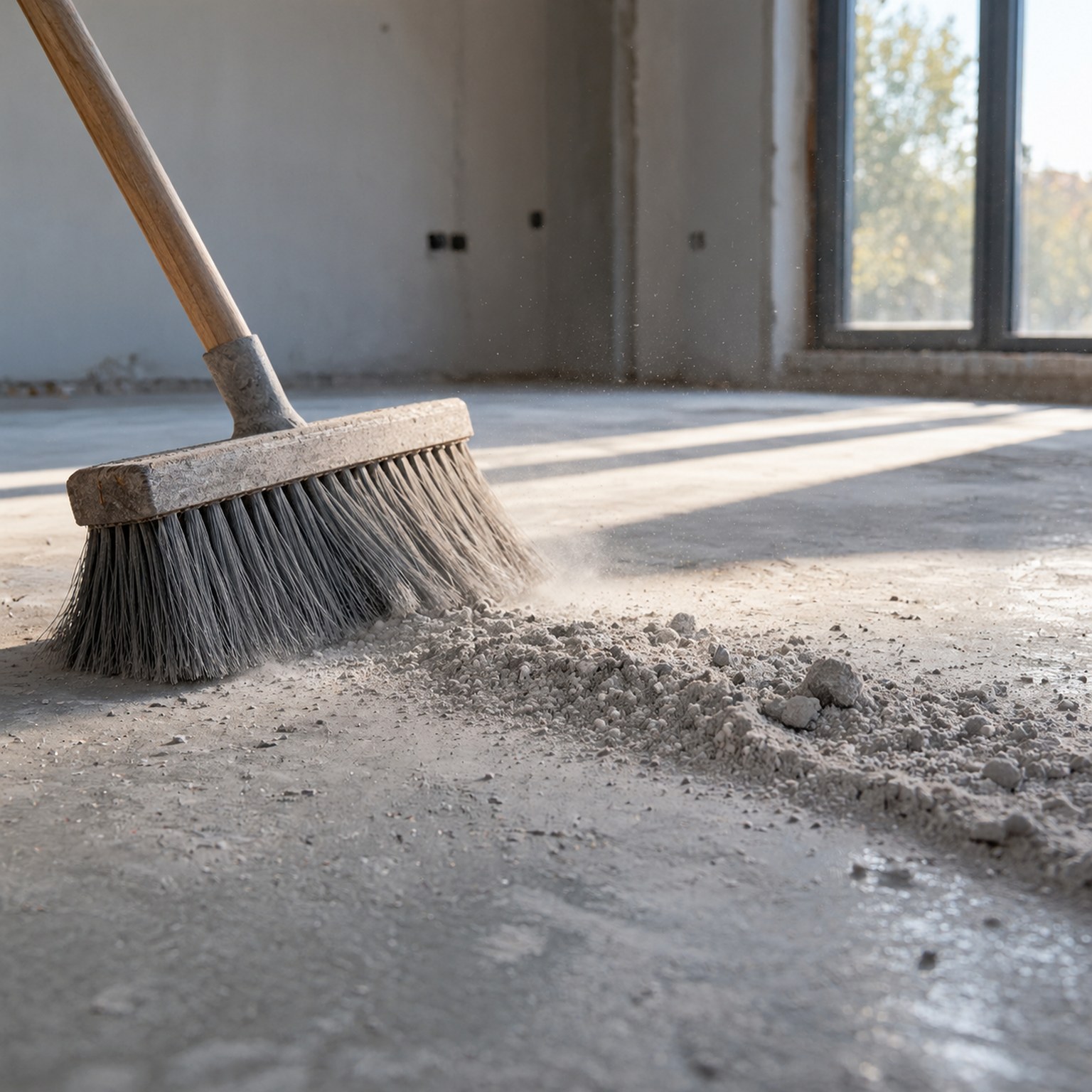 A wide broom pushing a ridge of fine plaster dust across a bare screed floor