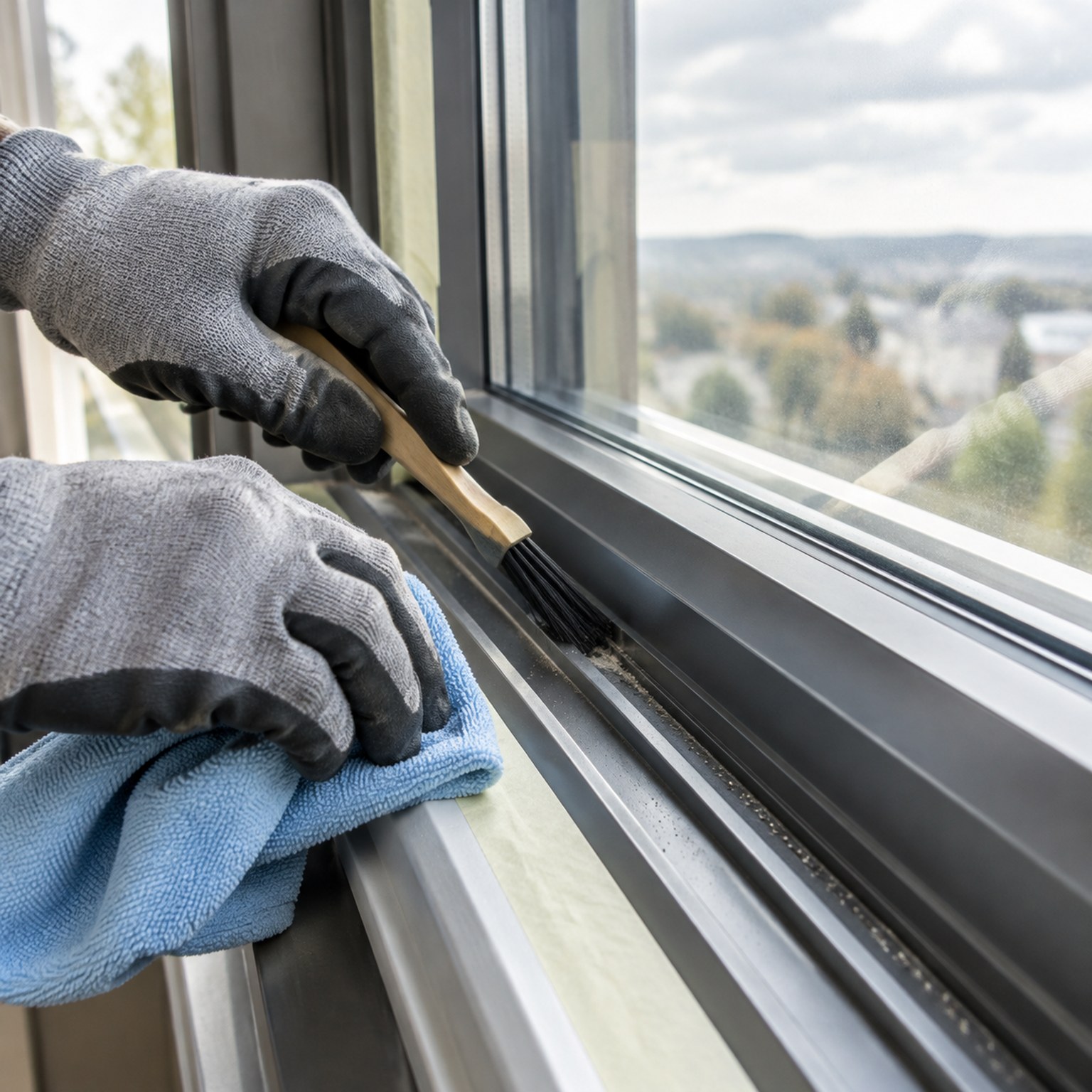 Gloved hands cleaning grit out of a new aluminium window track with a cloth