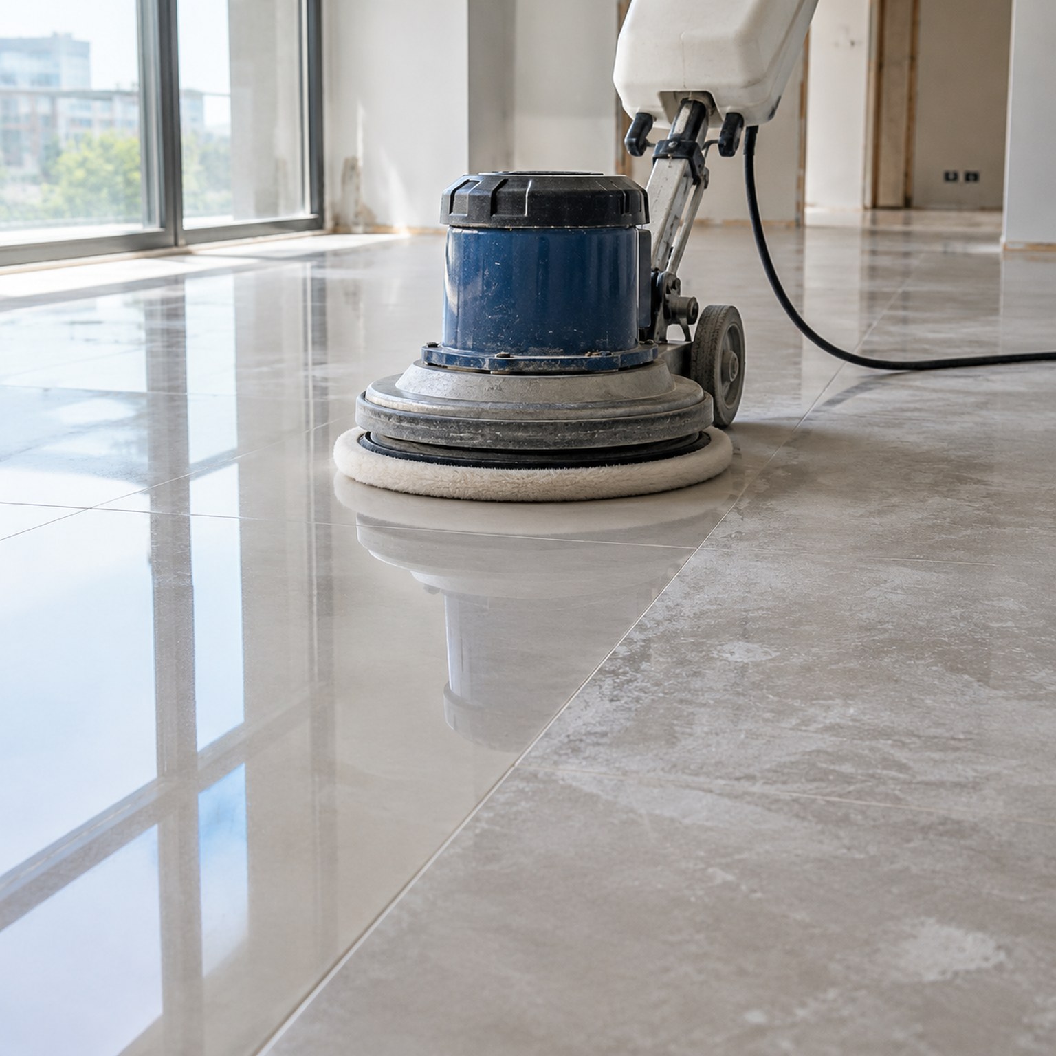 A rotary floor polisher leaving a clean glossy strip on large-format porcelain tiles