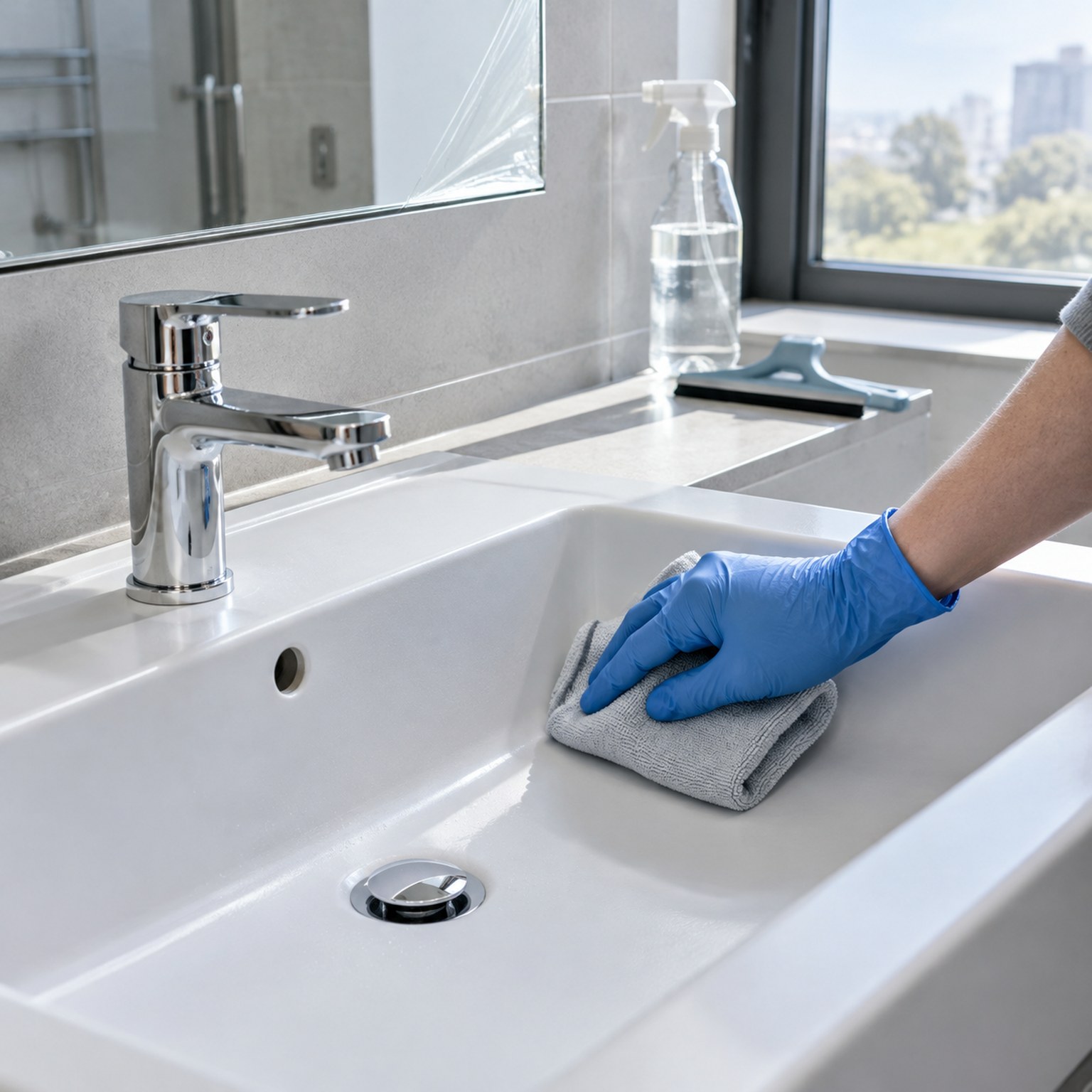 A gloved hand wiping a new matte white basin with a folded cloth