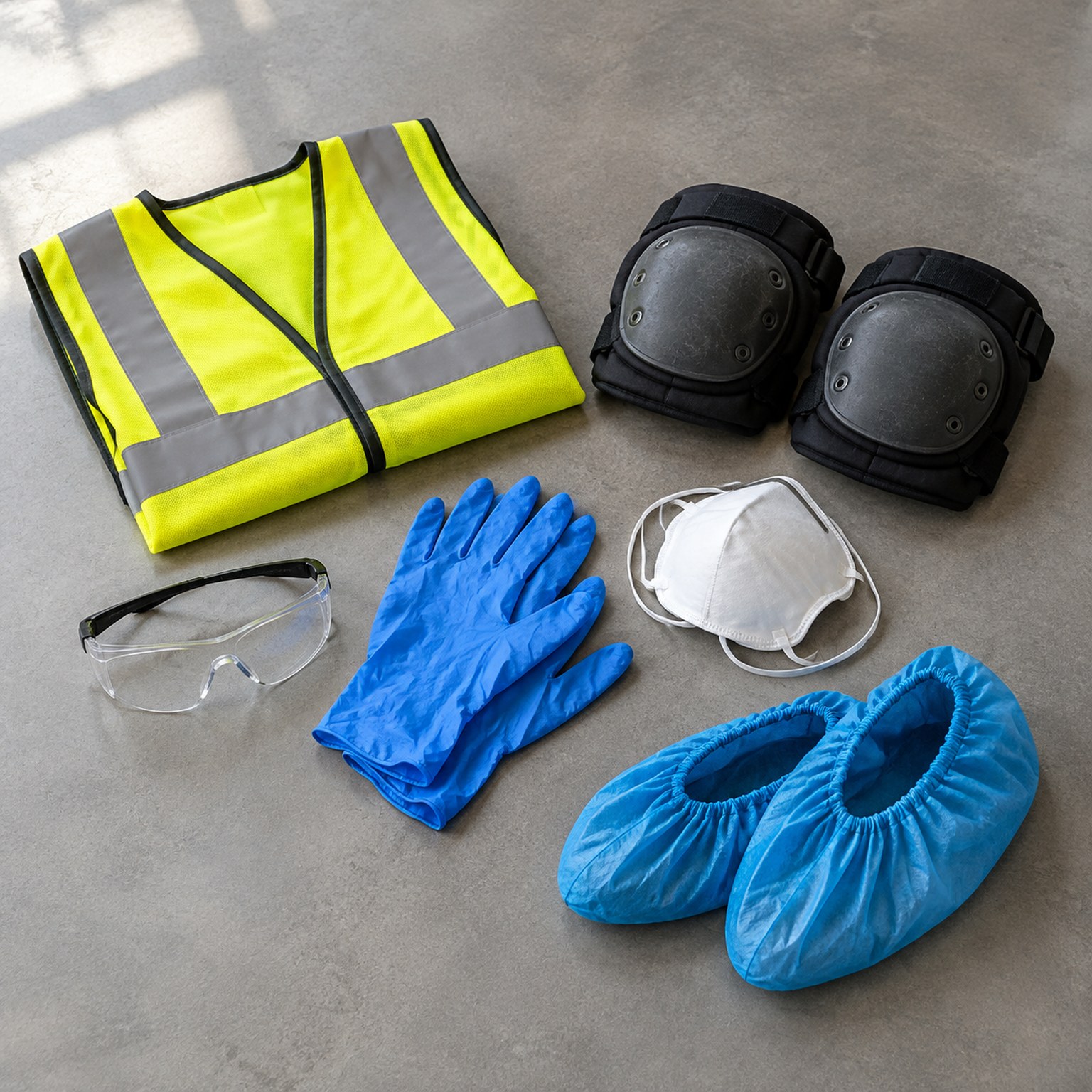 Protective workwear laid out flat: vest, knee pads, glasses, gloves and mask
