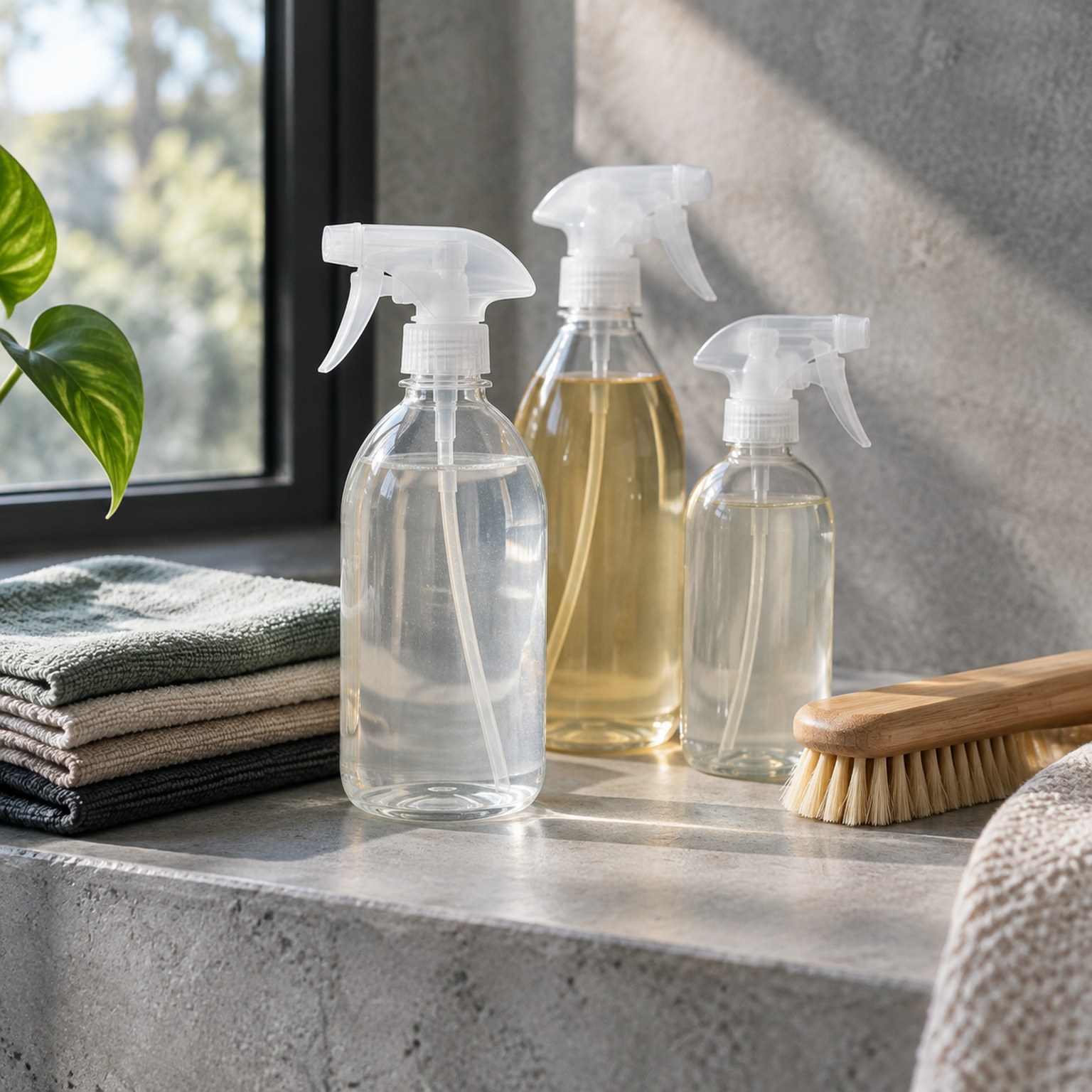 Unbranded eco-friendly cleaning products and folded microfibre cloths on a concrete ledge