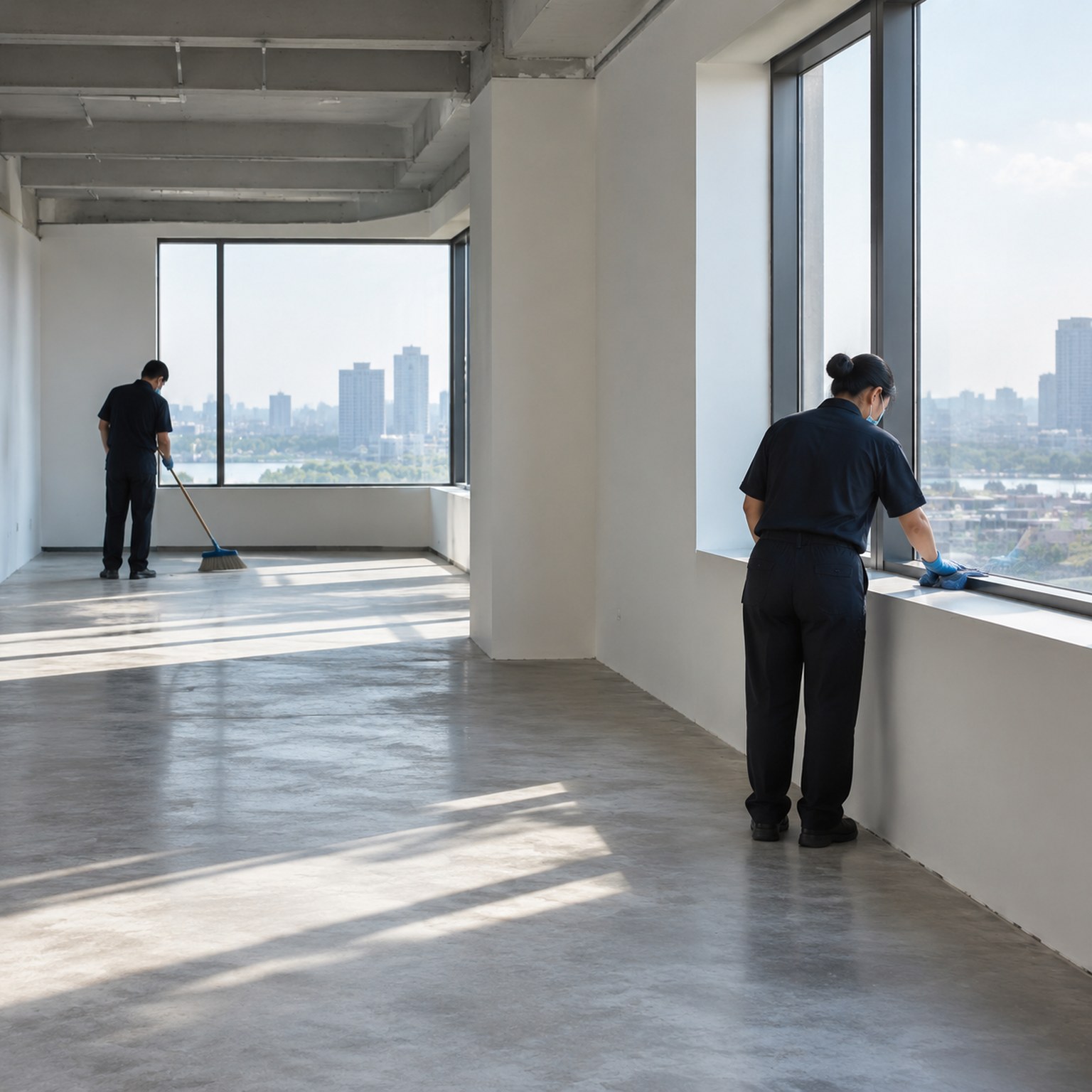 Two cleaners working in separate zones of a large empty open-plan space