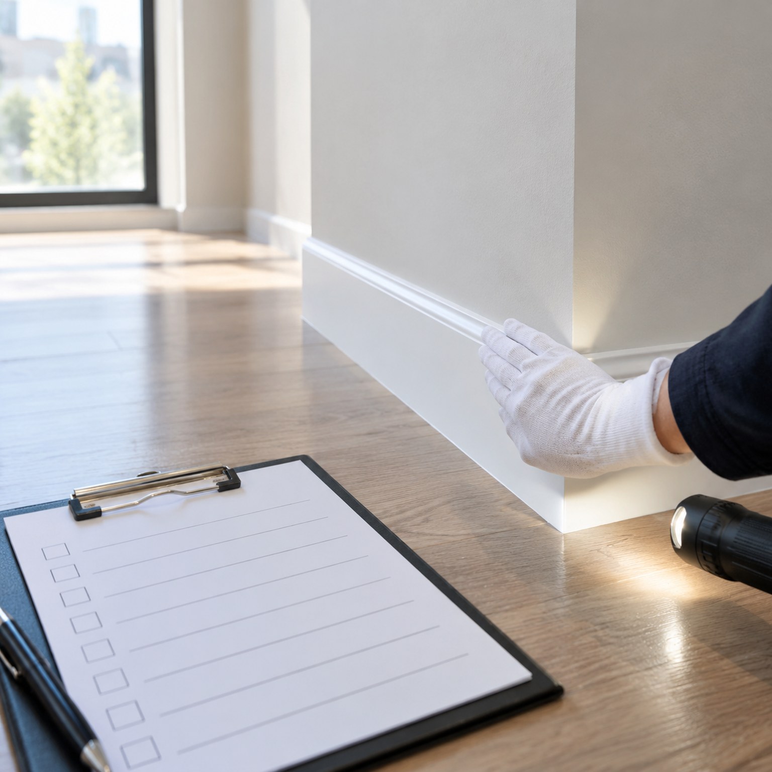 A gloved hand running along a skirting edge during a final handover inspection