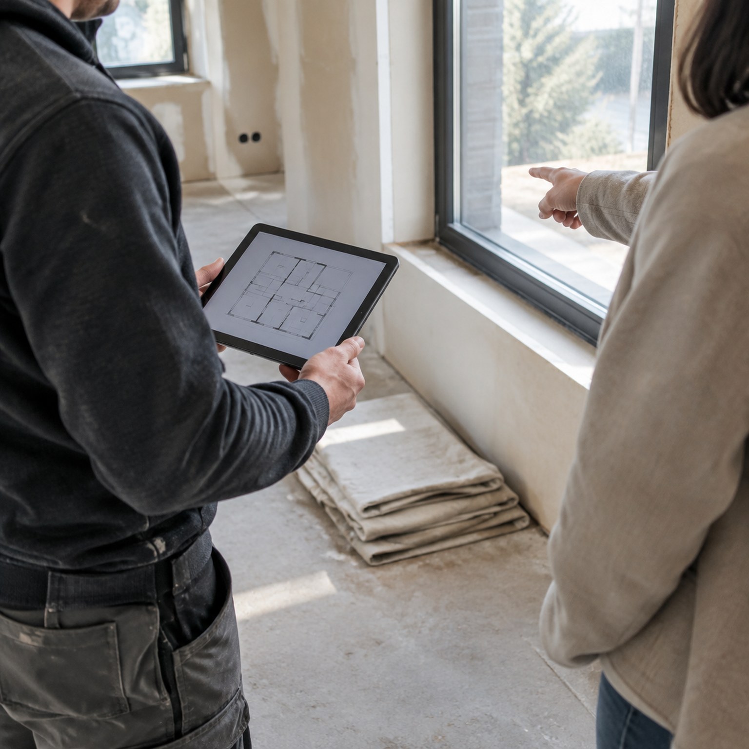 Two people in a bright unfinished room reviewing a floor plan on a tablet
